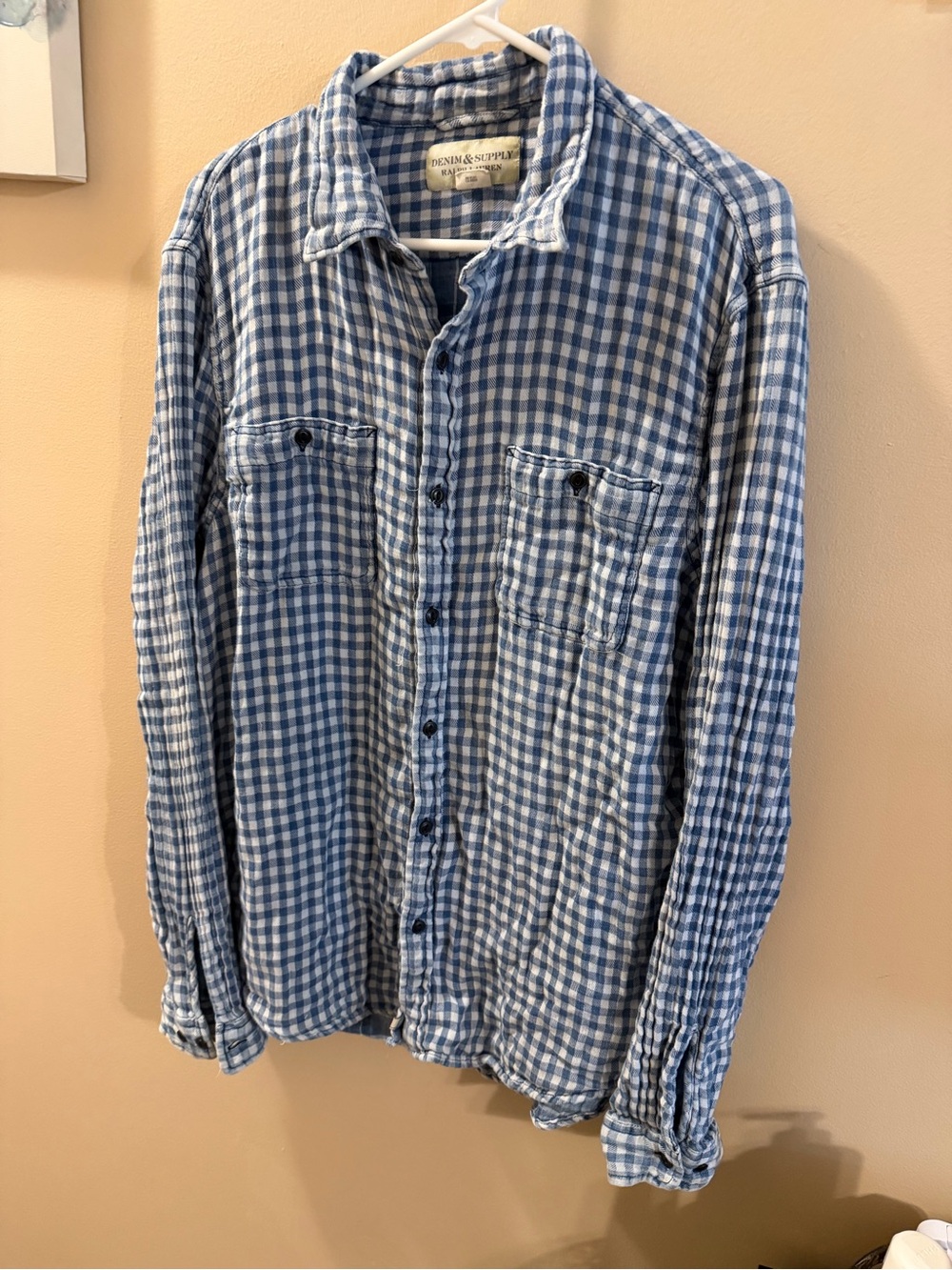 Denim & Supply Ralph Lauren Blue White Gingham Button-Down Flannel Shirt size XL